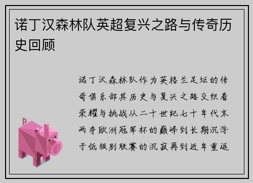 诺丁汉森林队英超复兴之路与传奇历史回顾