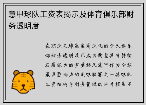 意甲球队工资表揭示及体育俱乐部财务透明度